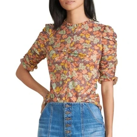 Veronica Beard Natuka Floral Blouse Top Shirt‎ Ruched Sleeves Cotton Women’s 6 - Picture 1 of 10